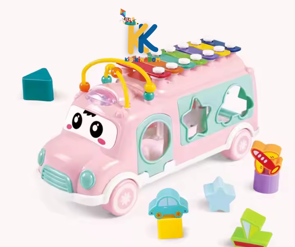 Xylophone Puzzle Bus Toy – Musical Shape Sorter with Pull-Along Wheels