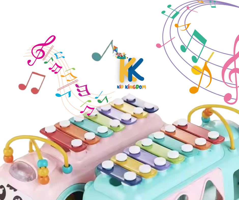 Xylophone Puzzle Bus Toy – Musical Shape Sorter with Pull-Along Wheels