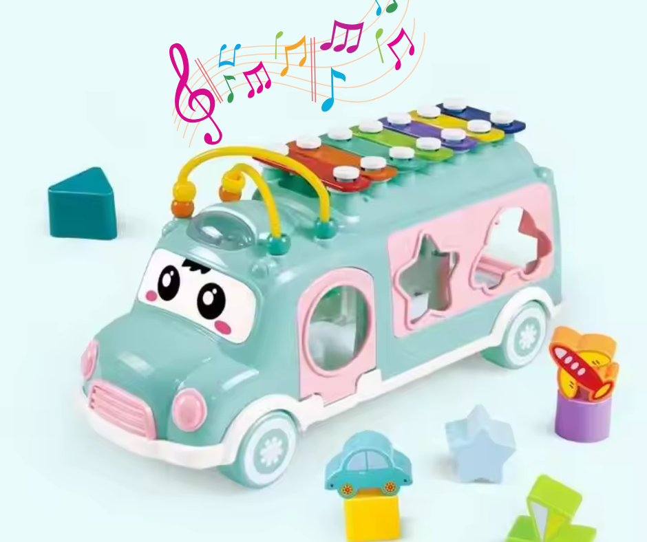 Xylophone Puzzle Bus Toy – Musical Shape Sorter with Pull-Along Wheels