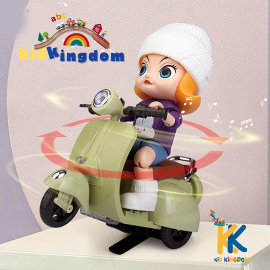 Battery Operated Girl on Scooter – Lights, Music, 360° Rotation & Wheeling Toy