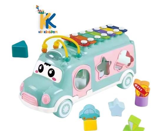 Xylophone Puzzle Bus Toy – Musical Shape Sorter with Pull-Along Wheels