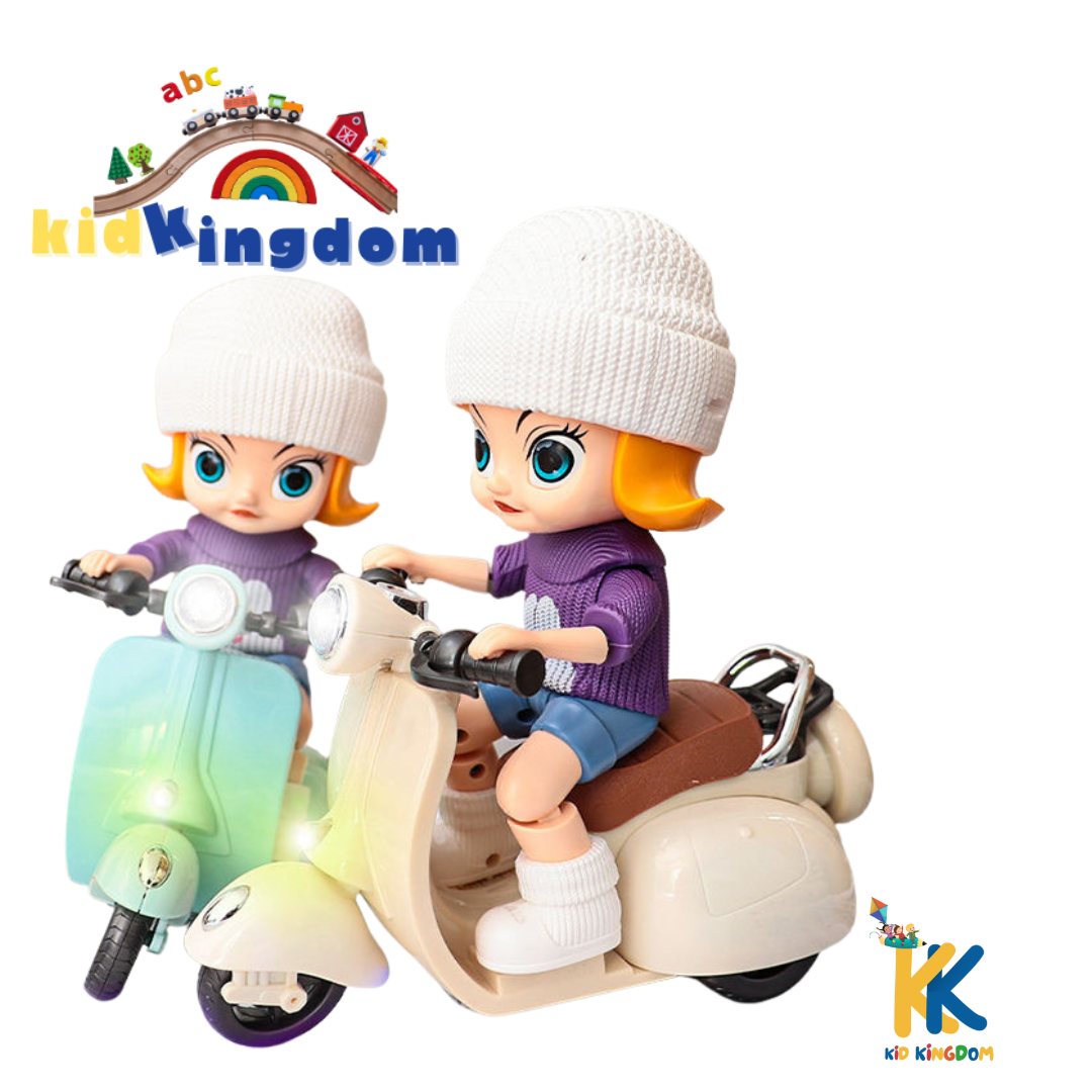 Battery Operated Girl on Scooter – Lights, Music, 360° Rotation & Wheeling Toy