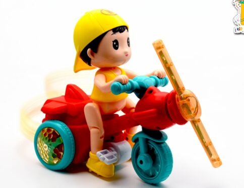 Interactive Stunt Tricycle Boy – 360° Rotating Toy with Wheelie Action, Flashing LED Lights & Rhythmic Music