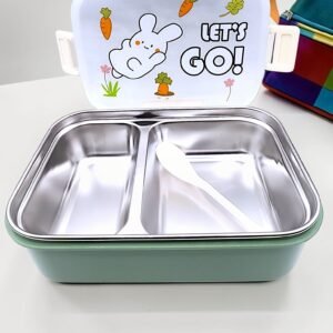 Let’s Go Bunny 2-Compartment Stainless Steel Kids Lunch Box with Spoon