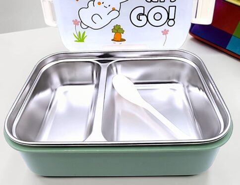 Let’s Go Bunny 2-Compartment Stainless Steel Kids Lunch Box with Spoon