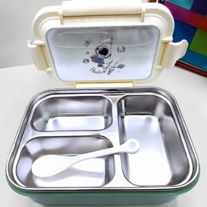 Astronaut Stainless Steel 3-Compartment Kids Lunch Box with Spoon & Leak-Proof Lid