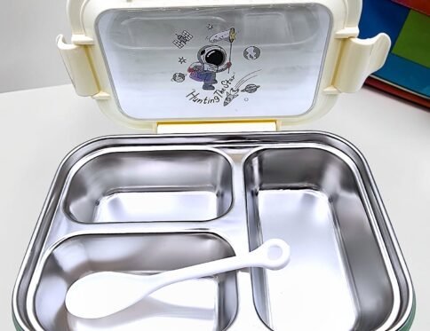 Astronaut Stainless Steel 3-Compartment Kids Lunch Box with Spoon & Leak-Proof Lid
