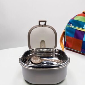 Minimalist Stainless Steel Single Basin Kids Lunch Box with Spoon & Carrying Handle