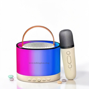 Rechargeable mini cylinder bluetooth speaker with RGB dynamic lights and beige handheld mic