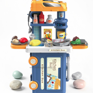 Blue and orange convertible kitchen bus toy transforming into a standing cooking station with pan, stove, and play food