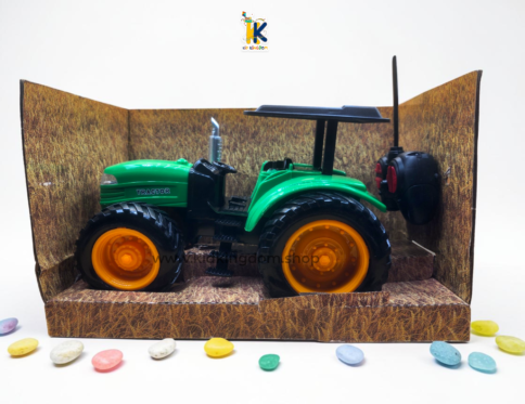 Classic green kids remote control farm tractor with yellow wheels and black canopy cab