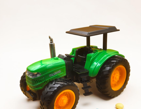 Full view of remote control farm tractor toy showing treaded wheels and exhaust stack