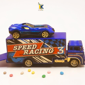 Blue Speed Racing transporter truck rig carrying sports car model on top