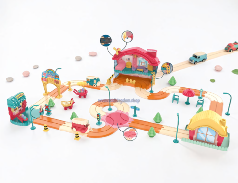 Complete interactive town building track set with houses vehicles and road layout