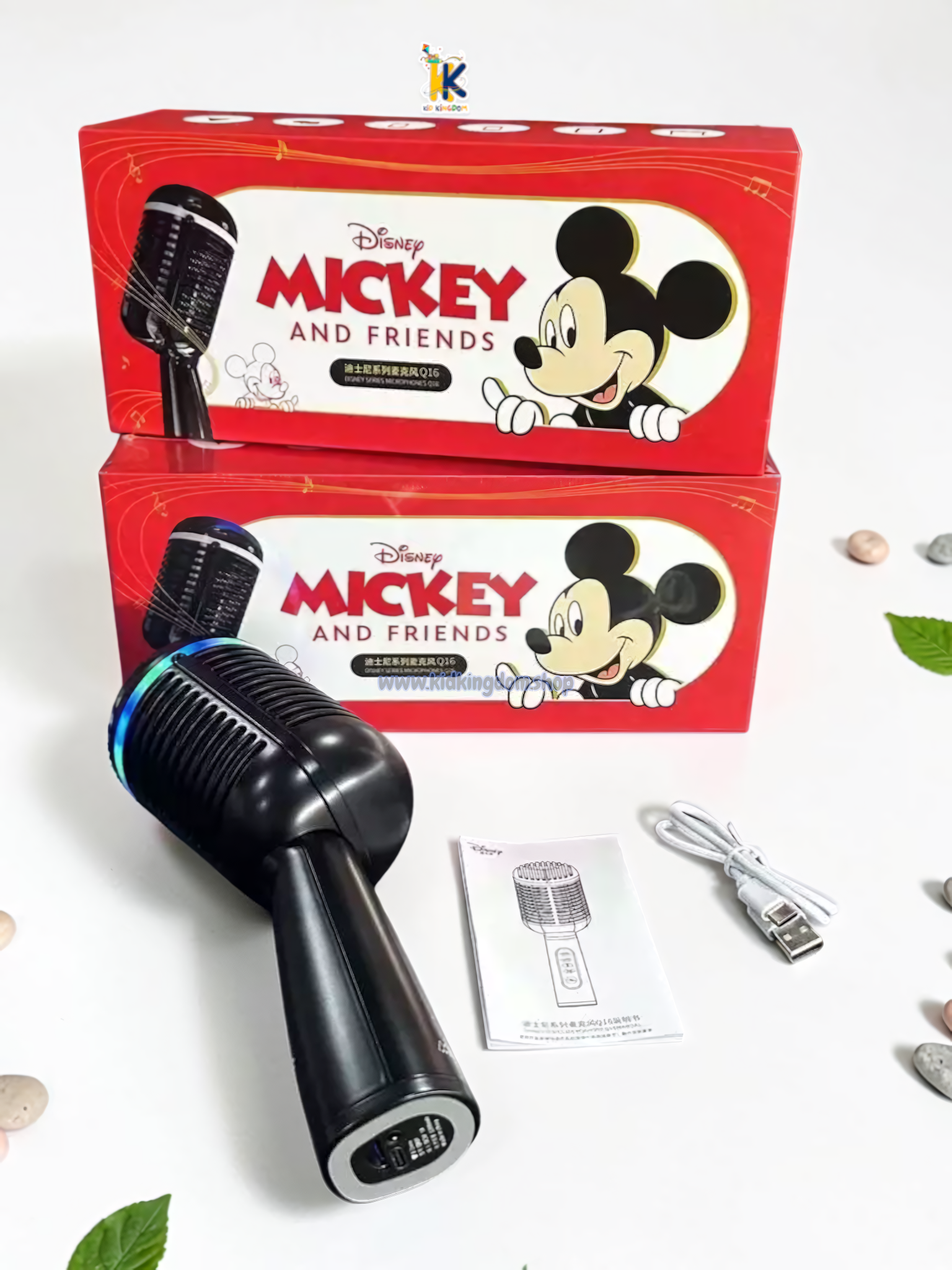 F3 Rechargeable bluetooth microphone showing bottom charging port and Disney Mickey packaging box