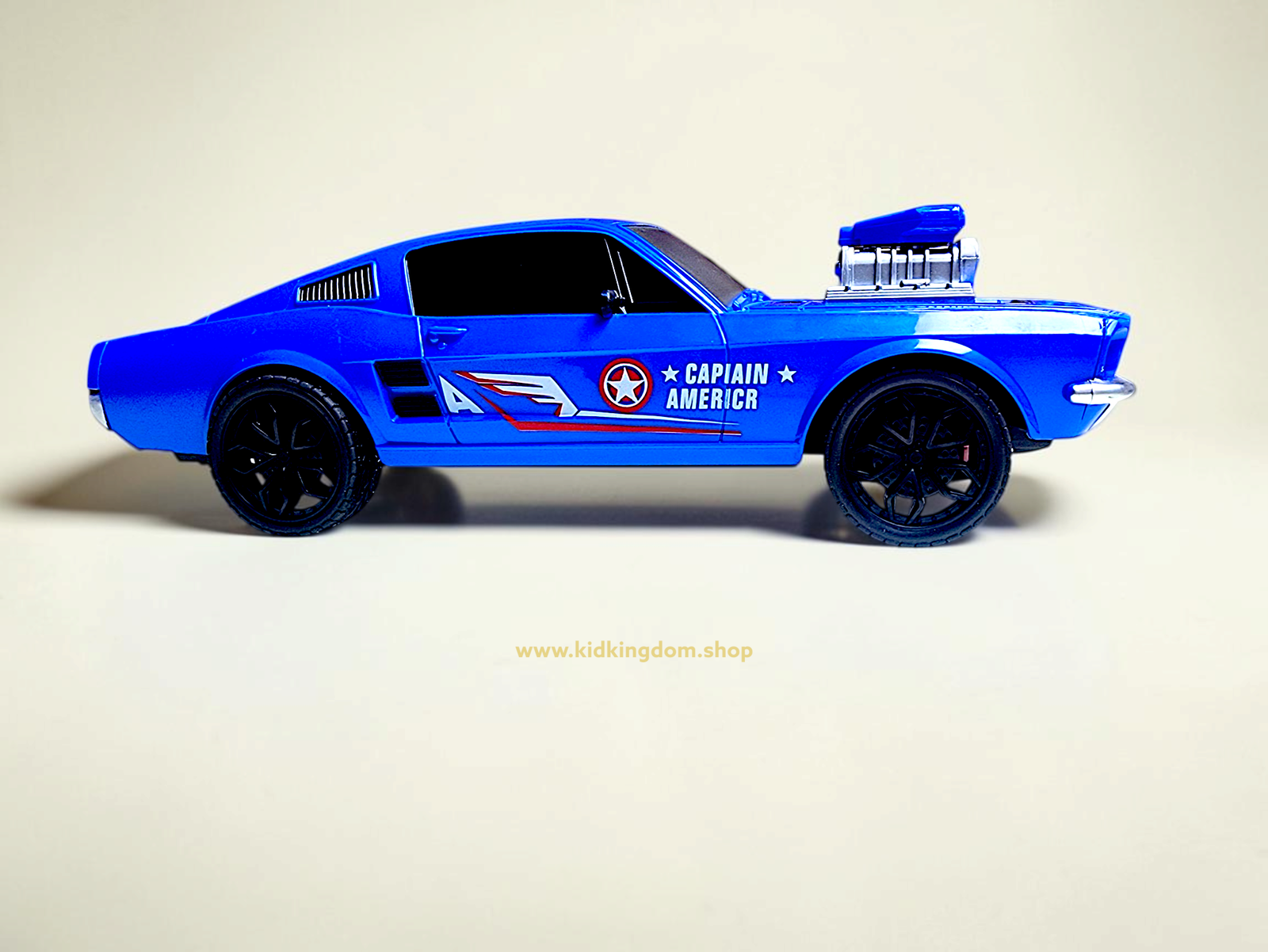 Sleek blue superhero themed RC muscle car racing for kids