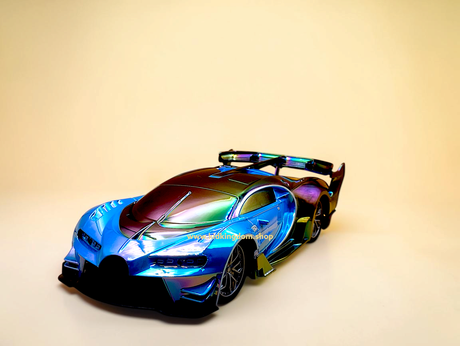 Stunning color-shifting metallic finish on sleek hypercar RC toy for kids