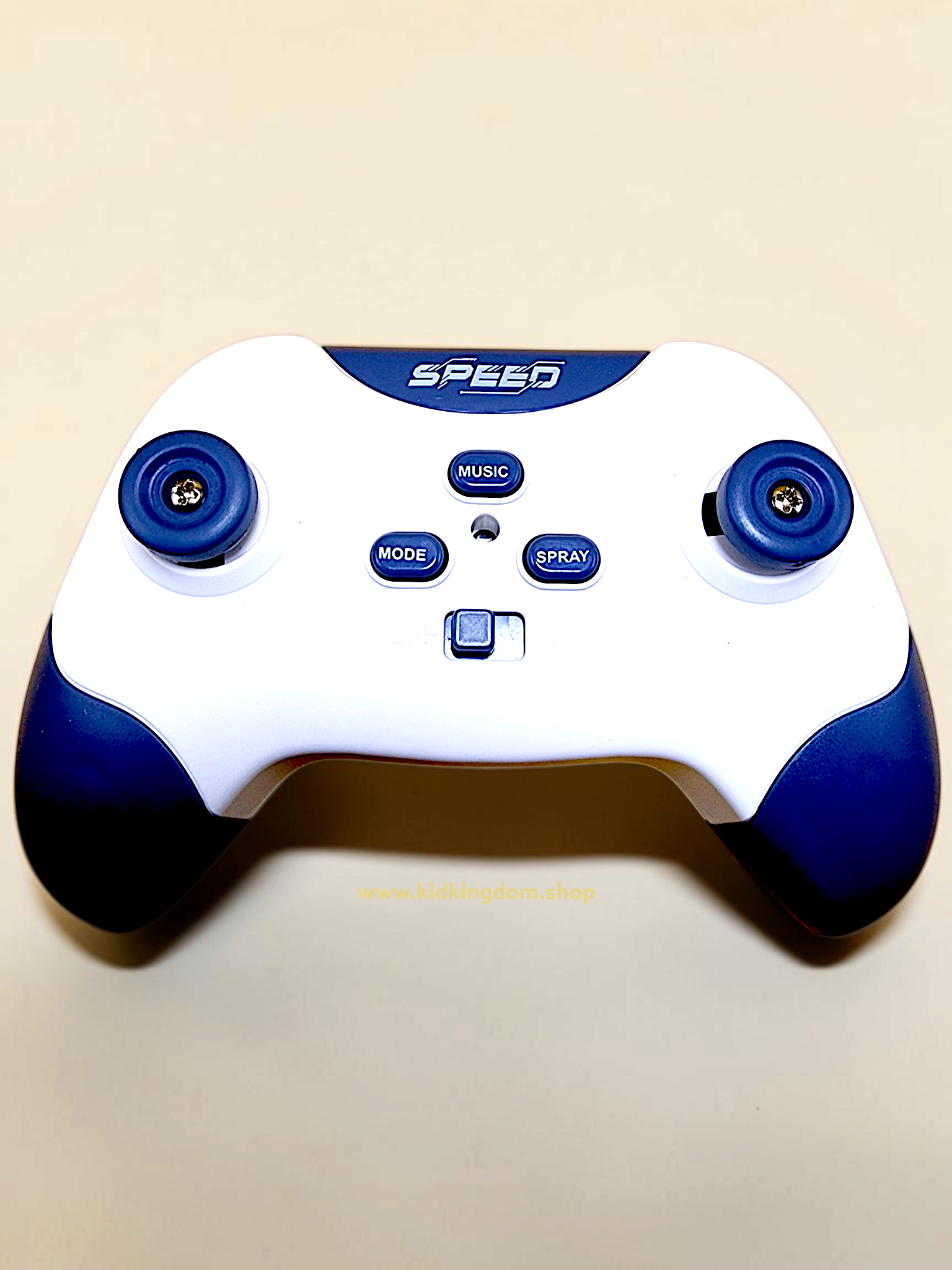 Ergonomic blue and white dual-joystick wireless remote control unit for precision steering