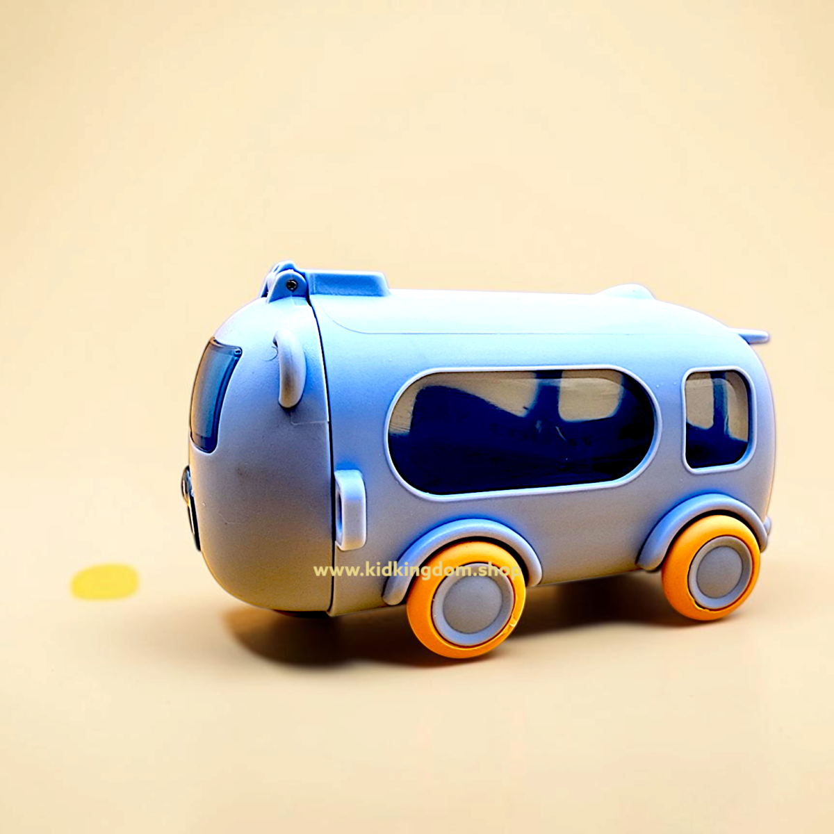 Light blue bus shaped plastic water bottle with open flip lid showing silicone drinking straw from Kid Kingdom