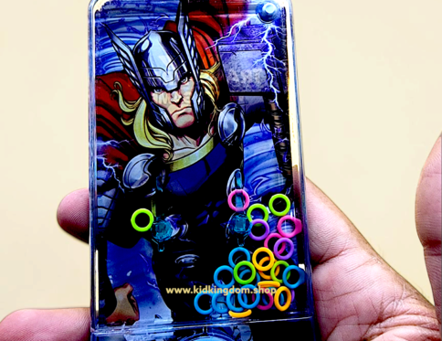 Close-up of Hulk character phone-shaped water game showing internal rings and push button