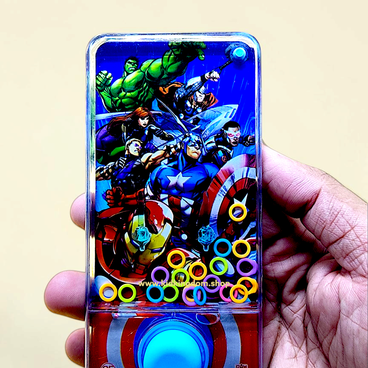 Assorted superhero phone-shaped water ring toss games featuring Hulk, Spider-Man, and Captain America from Kid Kingdom