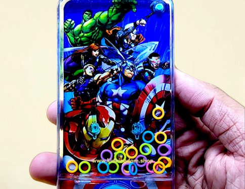 Assorted superhero phone-shaped water ring toss games featuring Hulk, Spider-Man, and Captain America from Kid Kingdom