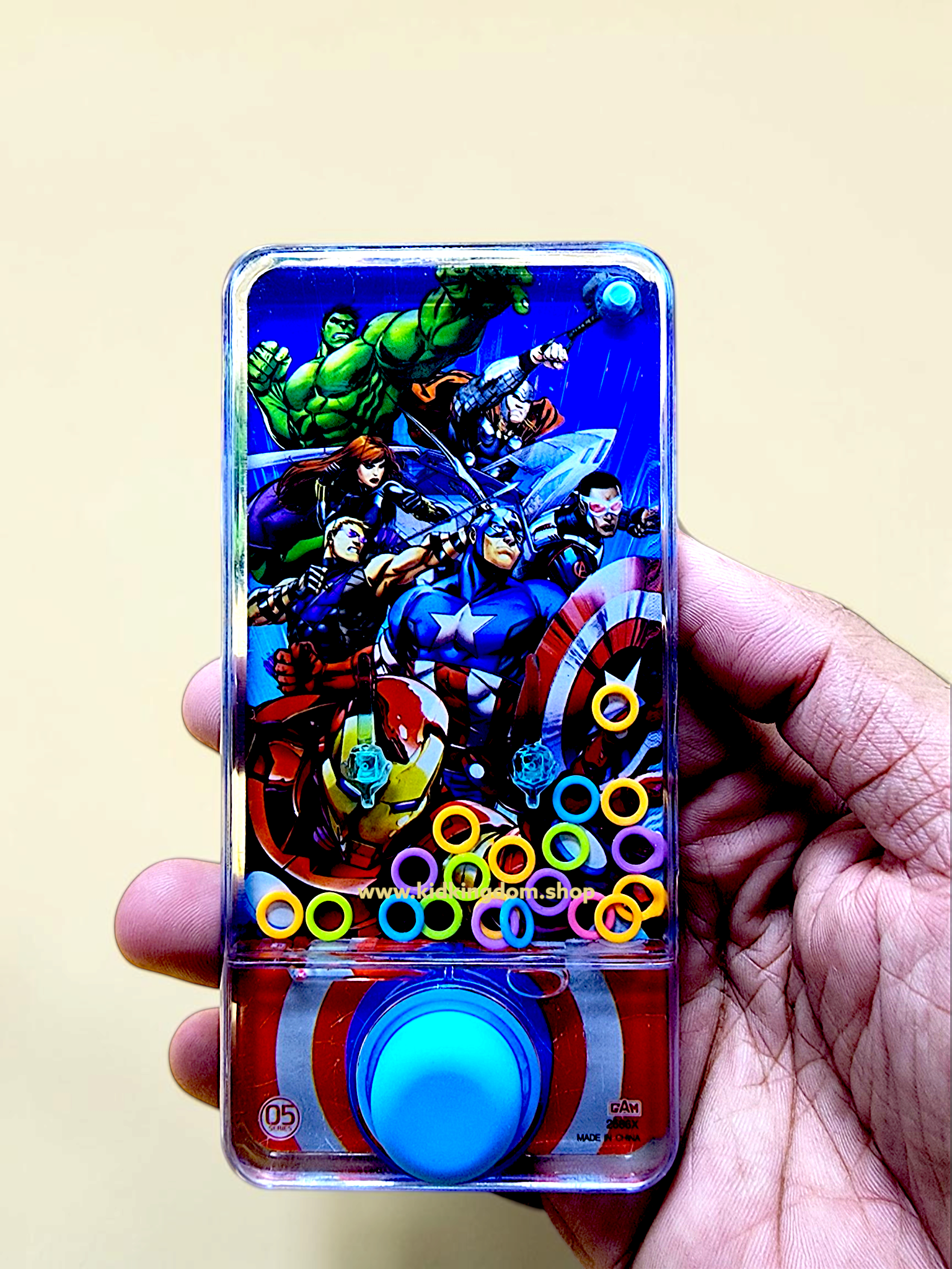 Assorted superhero phone-shaped water ring toss games featuring Hulk, Spider-Man, and Captain America from Kid Kingdom