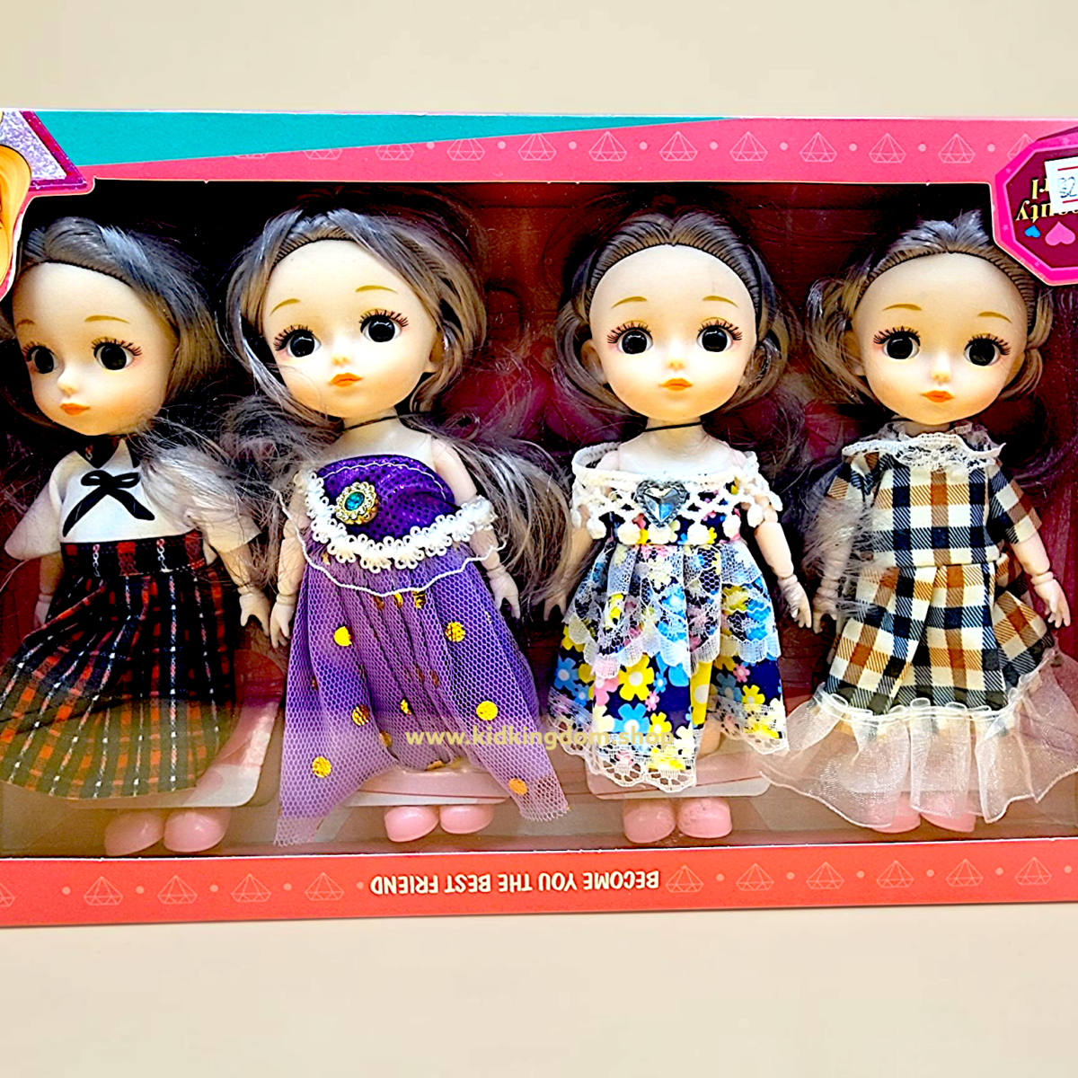 Mini fashion dolls pack of 4 set in pink window gift box packaging from Kid Kingdom