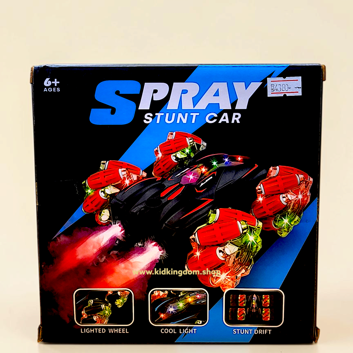 Spray stunt car retail box highlighting lighted wheels, cool lights, and stunt drift features from Kid Kingdom