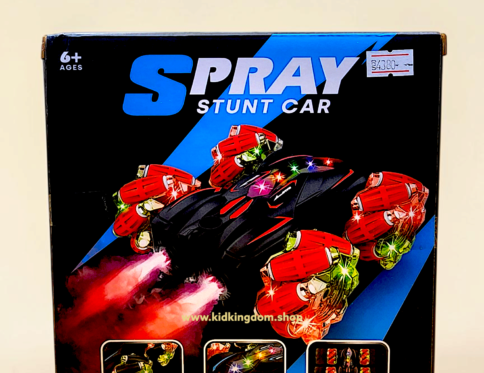 Spray stunt car retail box highlighting lighted wheels, cool lights, and stunt drift features from Kid Kingdom