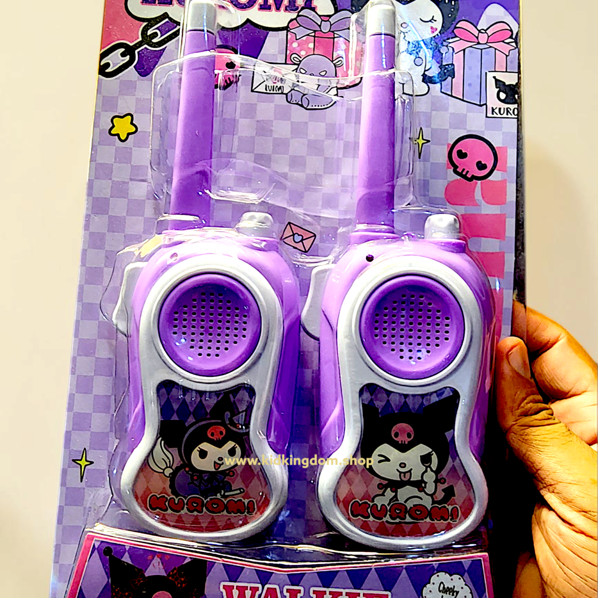 Kuromi battery operated walkie talkies set in purple carded blister packaging from Kid Kingdom