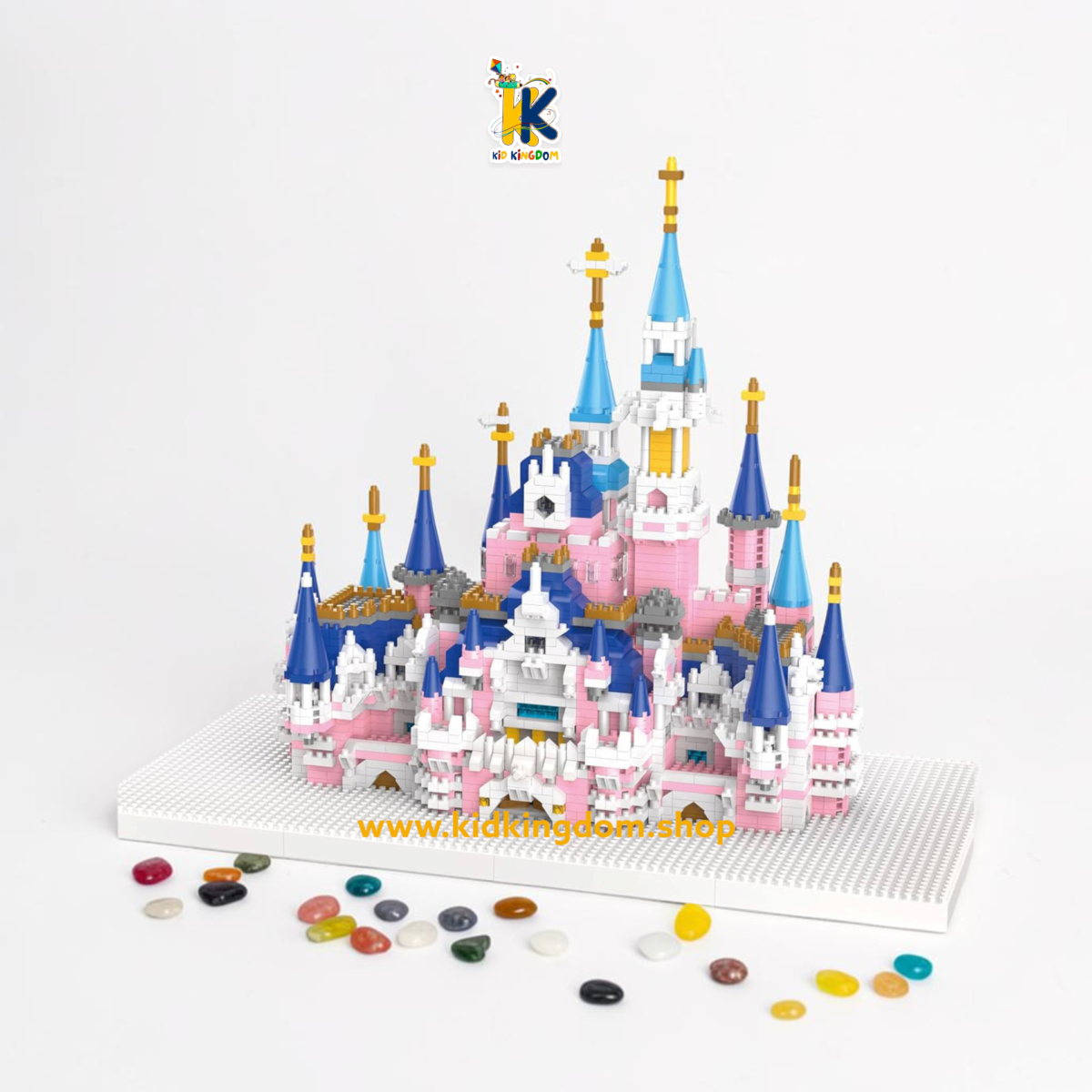 Illuminated fairytale castle building block set displayed with glowing LED lights from Kid Kingdom