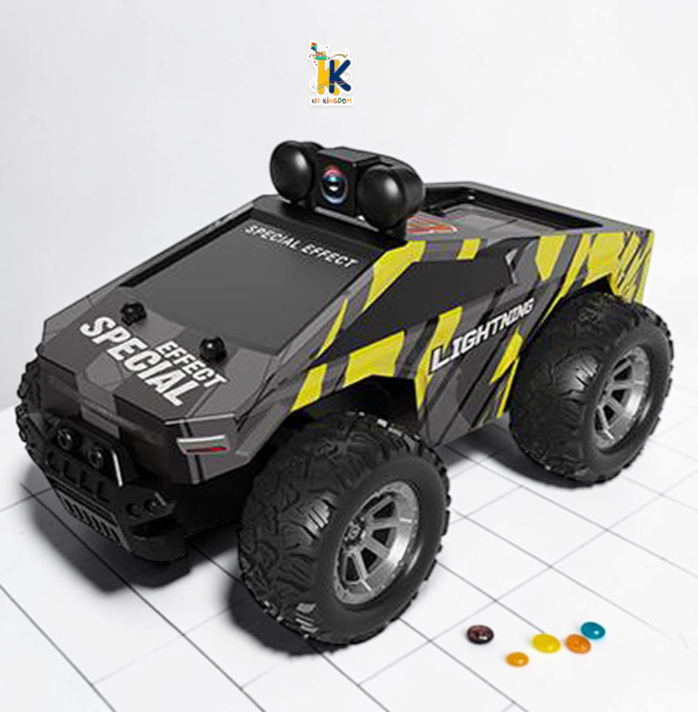 1:28 scale camera RC truck with yellow hazard livery and roof camera module from Kid Kingdom