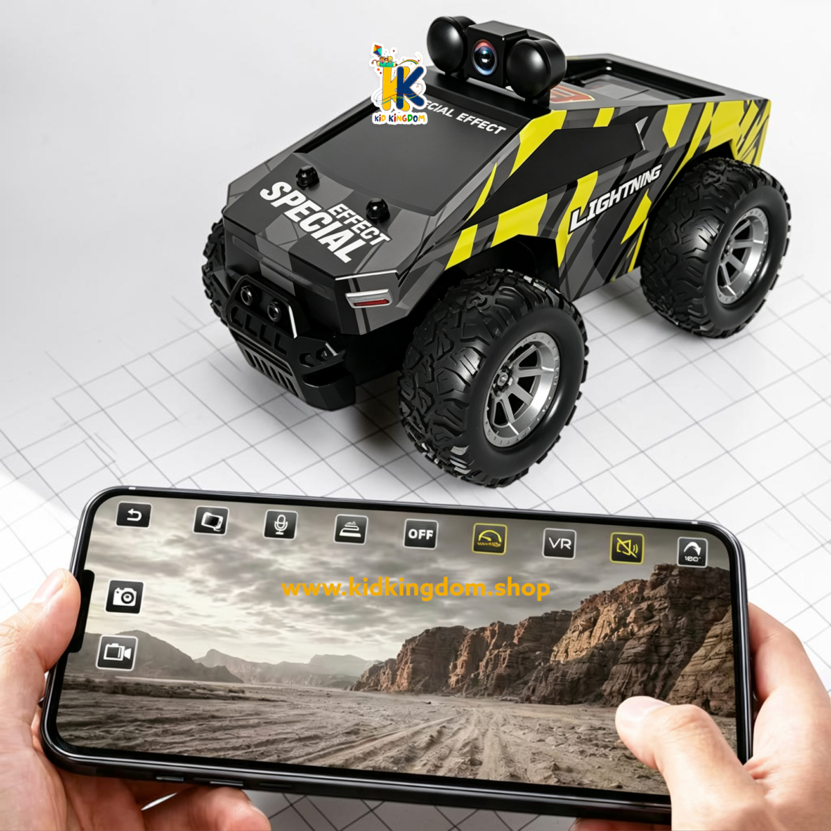 Close-up of top-mounted Wi-Fi video camera module on cyber style RC truck