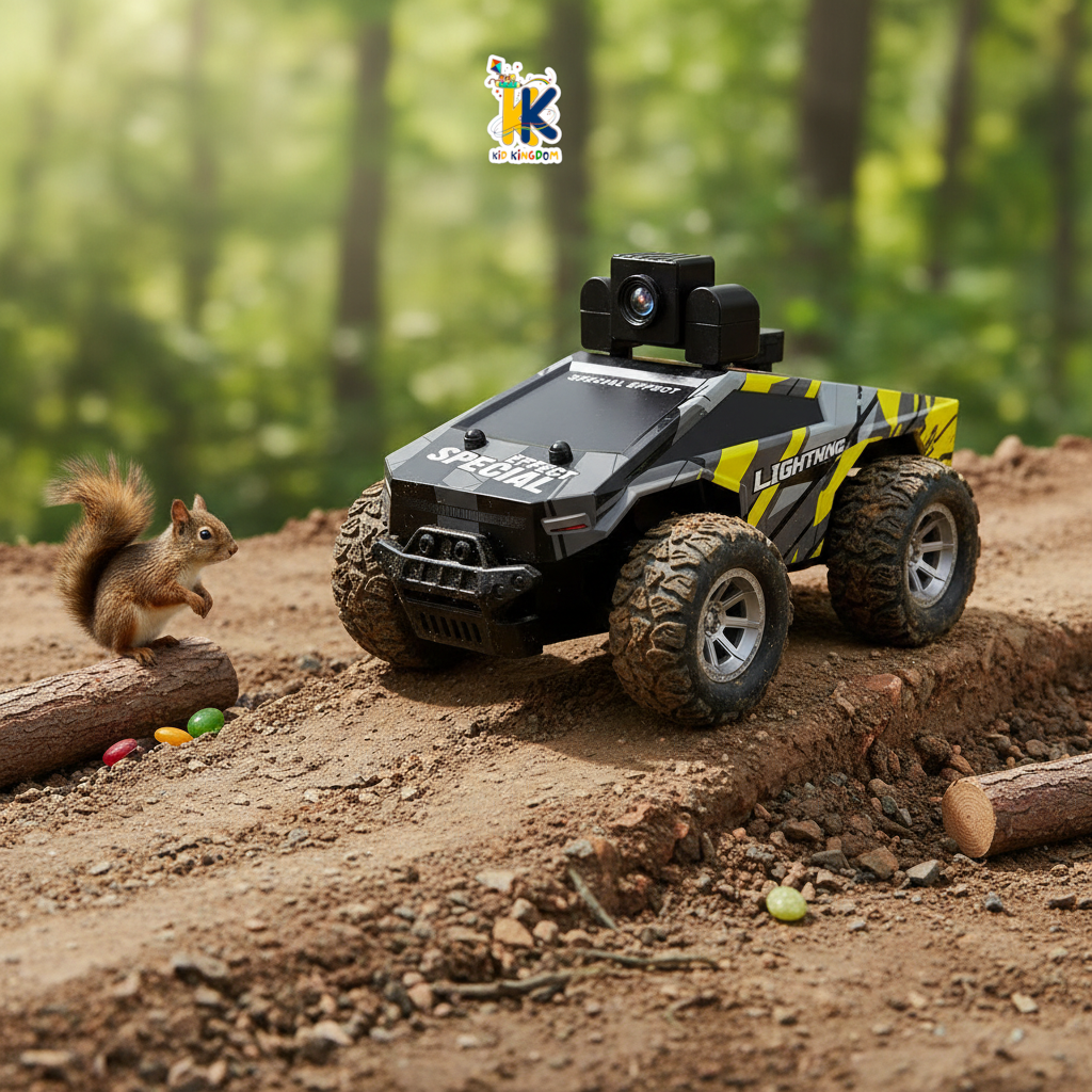 Smartphone displaying live camera feed from 1:28 scale RC truck during remote driving