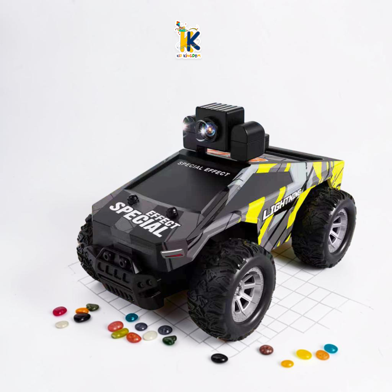 Front view of 1:28 camera RC truck showing deep treaded tires and LED bumper lights