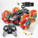 Dual control spray stunt RC car shown with 14-button remote and gesture watch controller from Kid Kingdom