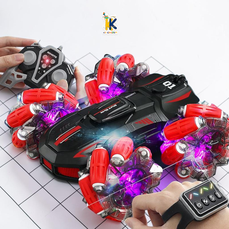 Rear view of RC stunt car activating double mist spray exhaust with LED backlighting