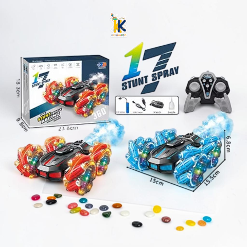 Hand wearing gesture sensor watch controller maneuvering spray stunt RC car into a 360 drift