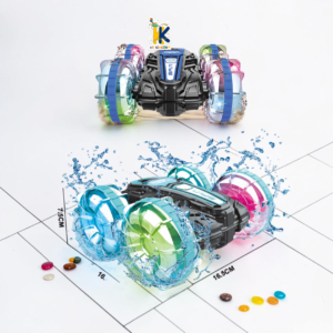 Amphibious waterproof stunt RC car splashing through water with product dimensions shown from Kid Kingdom