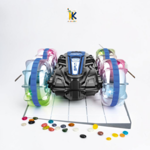 Waterproof RC stunt car floating and paddling across swimming pool surface with glowing wheels