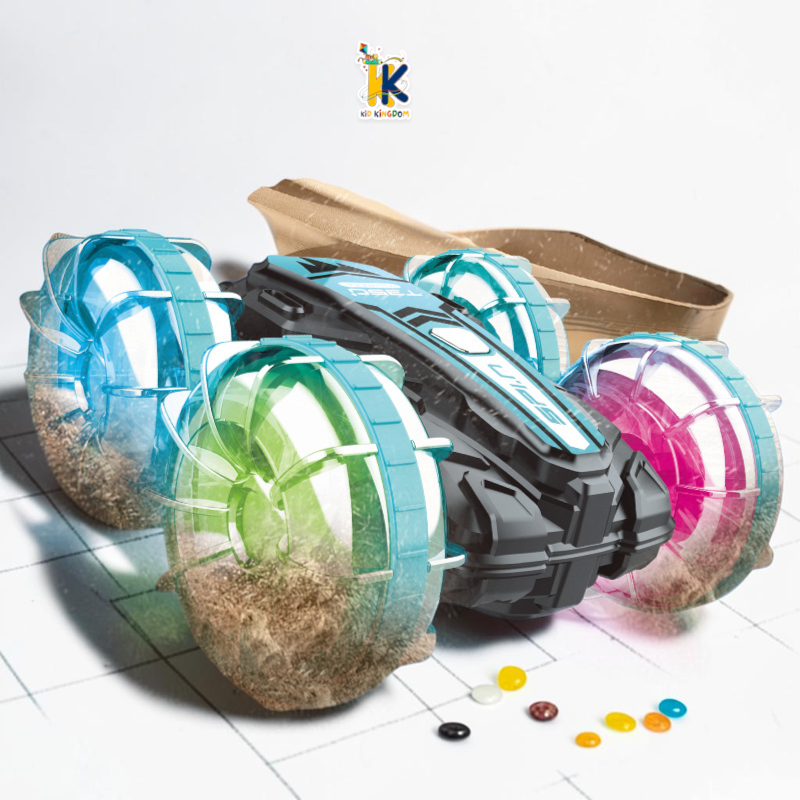 Close-up of translucent paddle wheels with multi-color LED lights on Kid Kingdom amphibious car