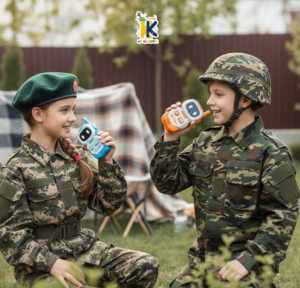 Blue and orange robot face children walkie talkies standing side by side from Kid Kingdom