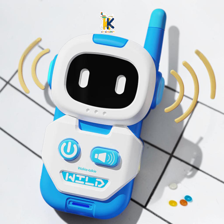 Close up view of orange robot walkie talkie handset showing power button and speaker symbol call button