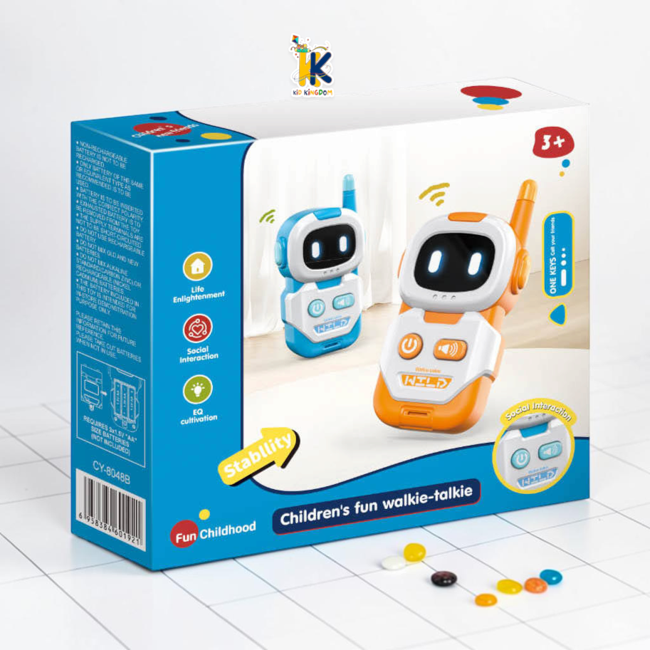 Pair of robot style walkie talkies set up for 2 way wireless communication play