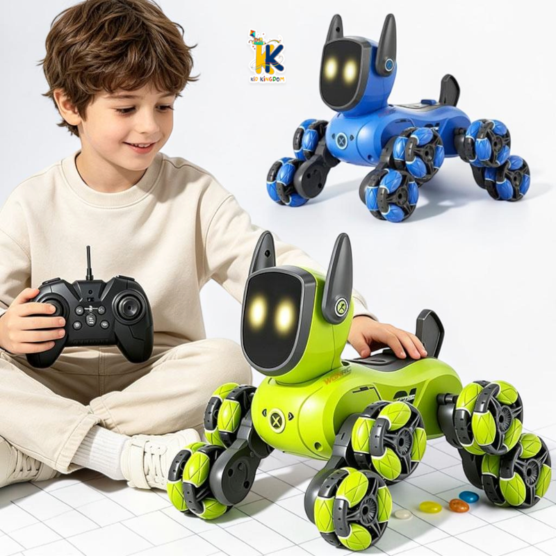 Child Operating Green & Blue Robot Dog): Child using wireless remote control with green and blue 8-wheel RC stunt robot dogs
