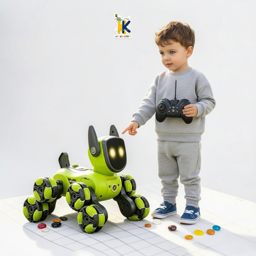 (Green Robot Dog Front Angle): Green 8-wheel RC robot dog with illuminated LED eyes and textured mecanum wheels