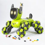 (Blue Robot Dog Side Profile): Blue 8-wheel stunt robot dog showing multi-wheel articulated chassis for obstacle climbing