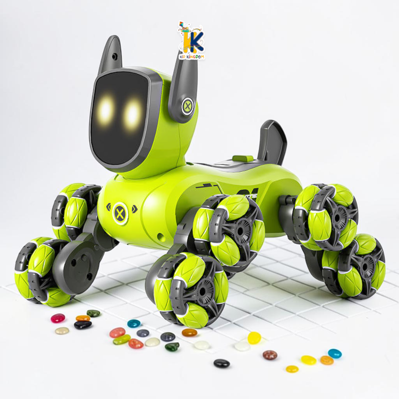 (Blue Robot Dog Side Profile): Blue 8-wheel stunt robot dog showing multi-wheel articulated chassis for obstacle climbing