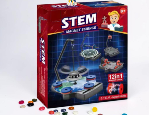 12-in-1 STEM magnet science box packaging showing levitating UFO and experiment components